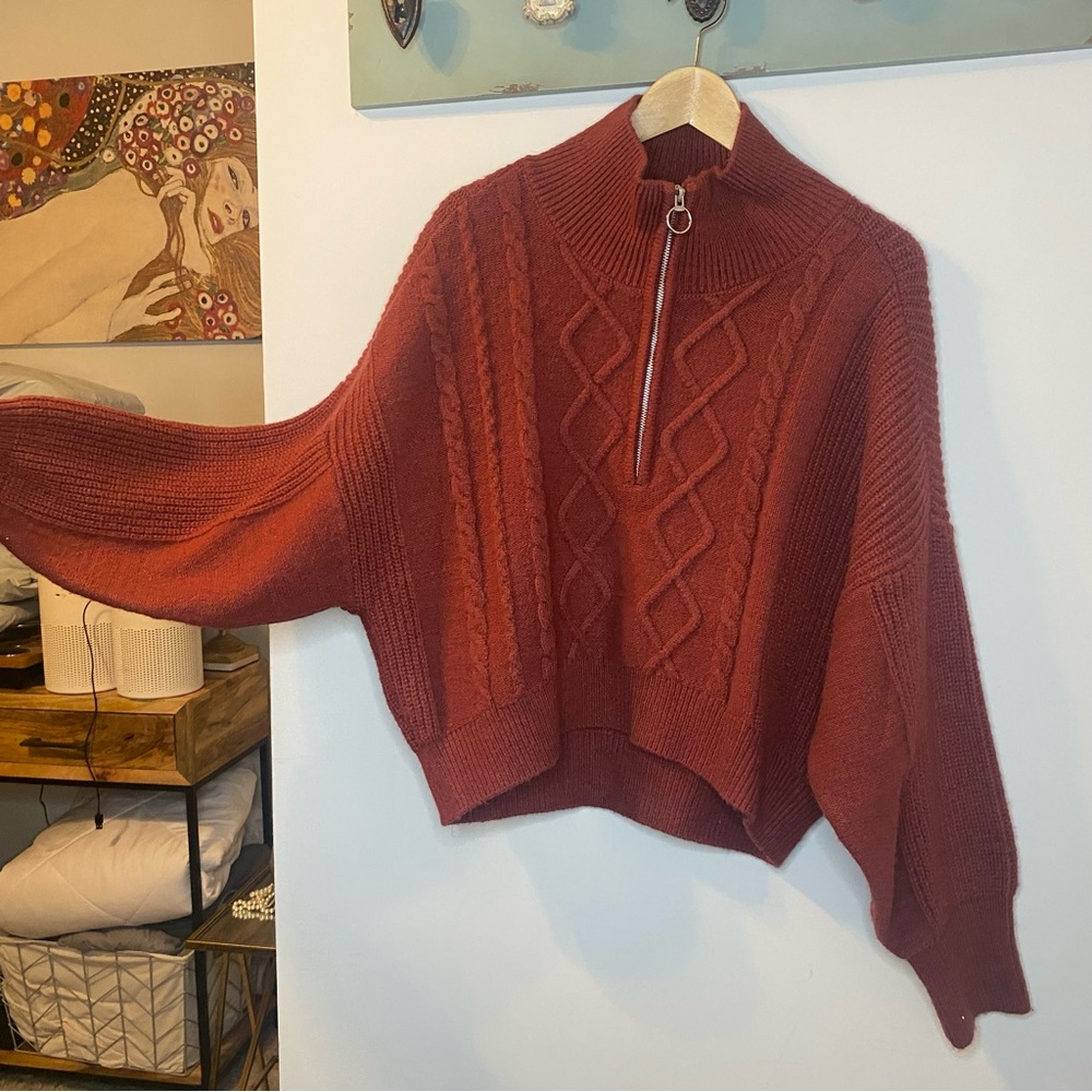 Urban Outfitters Wine Red Cable Knit Half Zip Sweater with Dolman Sleeves Sz L